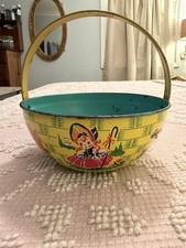 Vintage 1940- 1950 J Chein  Co Tin Litho Nursery Rhyme Theme Easter Basket Teal