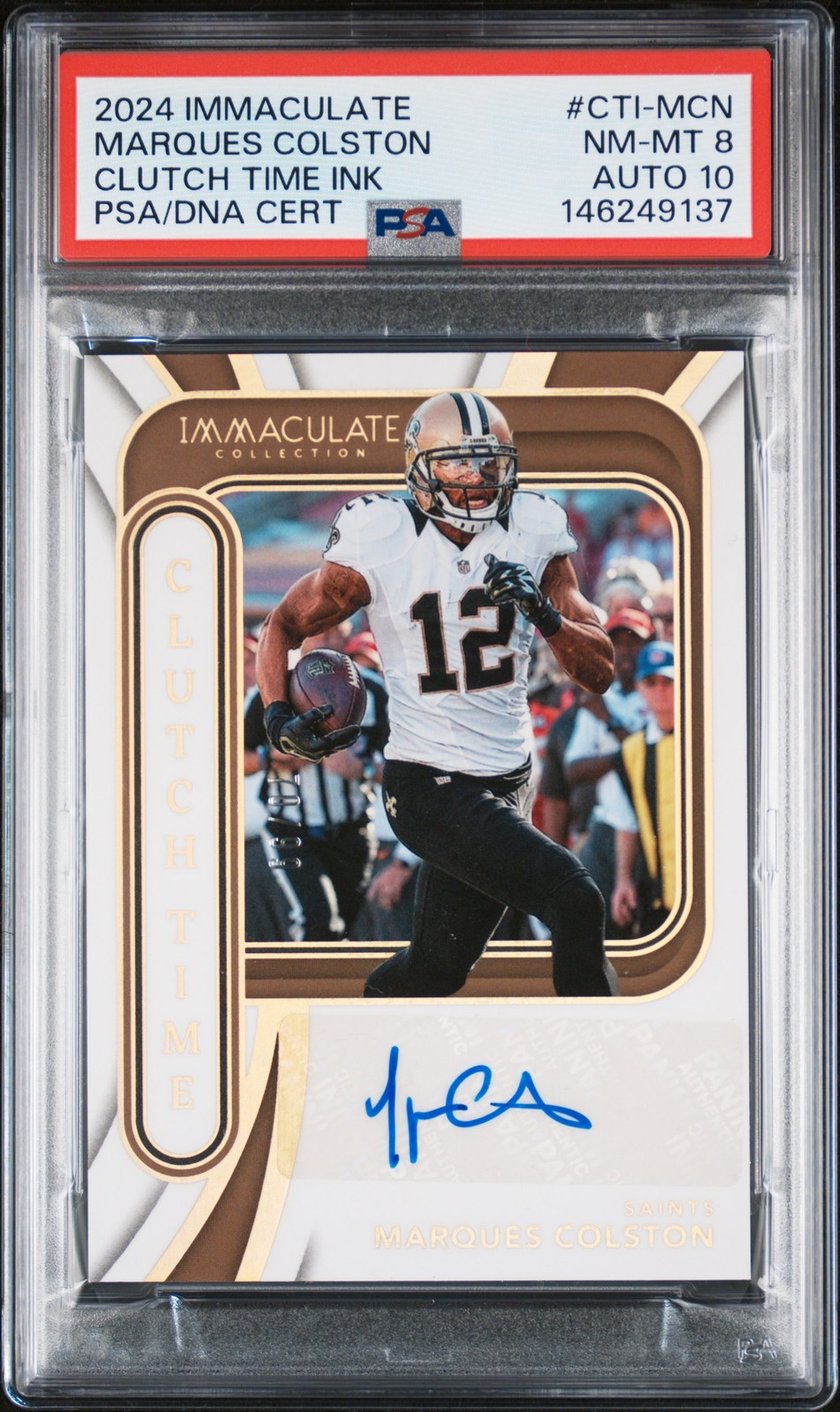 2024 PANINI IMMACULATE COLLECTION CLUTCH TIME MARQUES COLSTON /99 PSA 8 AUTO 10 view 1