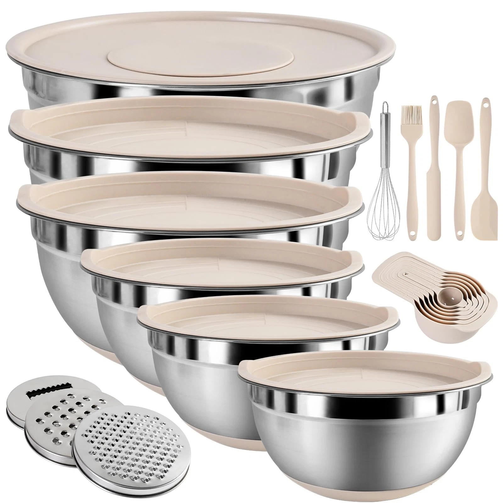 Mixing Bowls with Airtight Lids Set, 20 5, 4.0, 3.5, 2.1, 1.5, 1.1, QT, Khaki