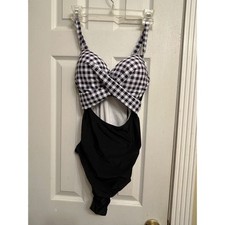 Black White Gingham One Piece Swimsuit Cutout Ruched Padded Monokini Size L