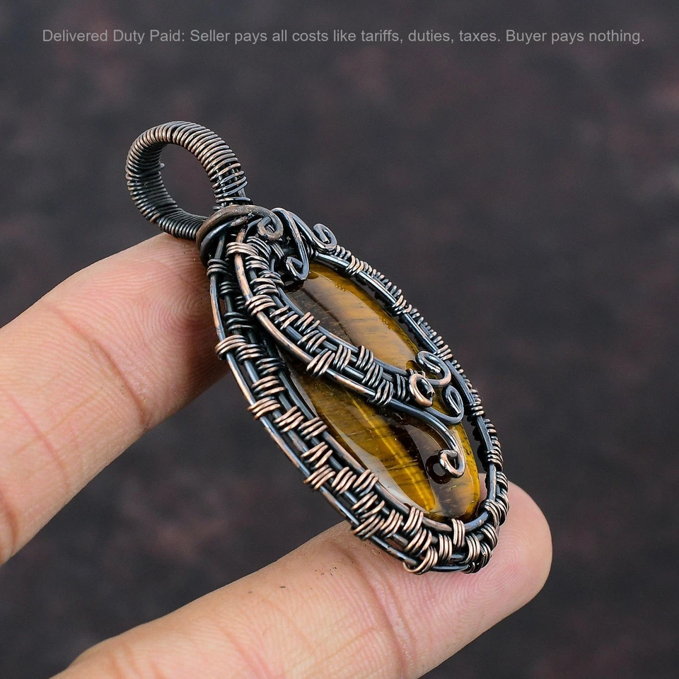 Oferta Cyber Monday Cobre Ovalado Ojo de Tigre Piedras Preciosas Alambre Envuelto Colgante Joyería Foto 3 de 4