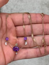 9ct Gold Amethyst Pearl Pendant Necklace, 1890s Victorian 9k 375