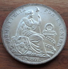 Peru 1915 Un Sol - Large .900 silver crown sized 1 Sol coin - very nice