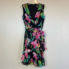 Tahari  ASL Chiffon Floral V Neck Flutter Sleeve Ruffled Midi Dress Size 2