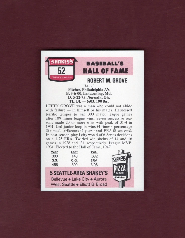 #52 LEFTY GROVE Red Sox/A's~Athletics ~ Shakey's Pizza Baseball's Hall of Fame A - Image 2 of 2