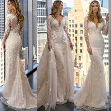 Champagne Mermaid Wedding Dress V Neck Long Sleeves Lace Appliques Bridal Gown