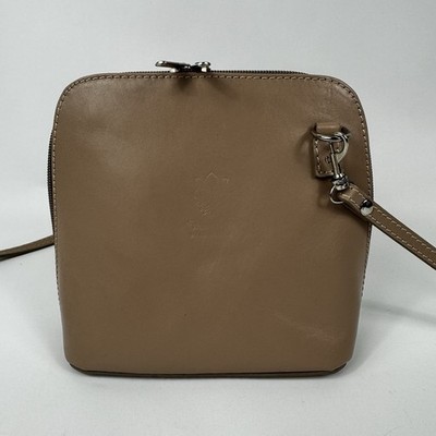 Vera Pelle 100% Italian Leather Mini Crossbody Handbag Tan Beige Square Zipper