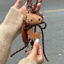 Hello Kitty Sanrio Bag Charm Key Backpack Fob Brown Plush Dog Ties Large