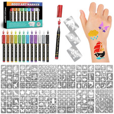 Temporary Tattoo Markers for Skin, 12 Metallic Body Markers  183 Temporary Tatt