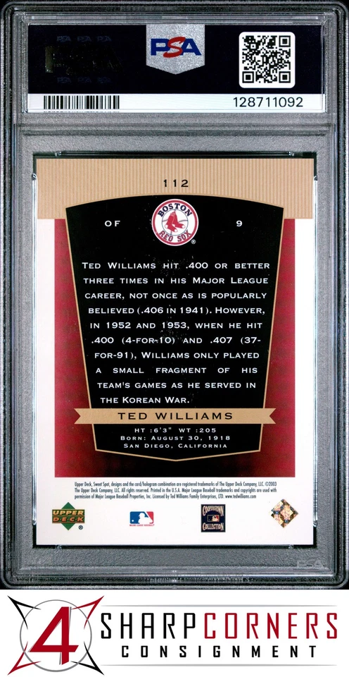 2003 UPPER DECK SWEET SPOT CLASSIC #112 TED WILLIAMS HOF #/1941 POP 2 PSA 10 - Image 2 of 3