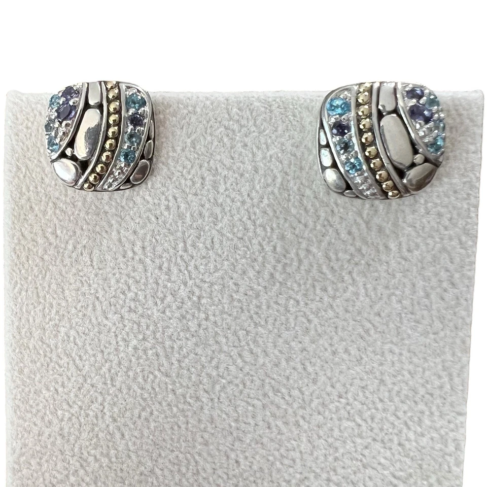 John Hardy Kali Lavafire 925 & 18k Gold Topaz, Aquamarine Iolite Square Earrings - Image 2 of 4