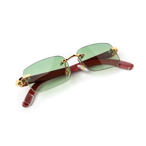 Gafas de sol para hombre sin montura con marco dorado verde degradado tinte lentes grano madera hip hop - Imagen 4 de 6