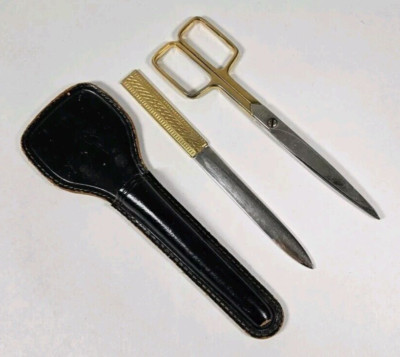 VTG 3 Piece Lerche Solingen Set Scissors Letter Opener Leather