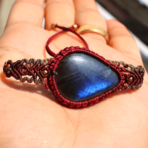 Handmade Natural Labradorite Blue Fire Micro Macrame Cuff Boho Crystal Bracelet - Picture 3 of 11