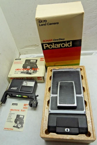 Polaroid SX-70 Land Camera Sonar OneStep w/ Montgomery Wards Flash 67-1 3203