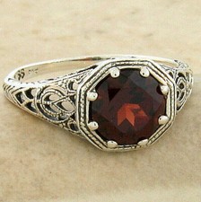 ART DECO STYLE GENUINE GARNET 925 STERLING SILVER SOLITAIRE FILIGREE RING  869