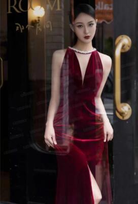 Gorgeous Diamante Fringe Halterneck Red Velvet Gown Cocktail Prom Evening  Dress | eBay
