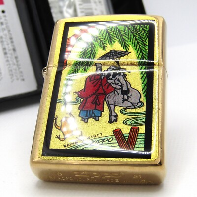Real Gold Leaf Epoxy Hanafuda willow and windy (rain) Zippo Oil Lighter MIB Rare