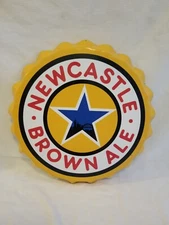 New Castle Brown Ale Bottle Cap Sign Tin Metal 22" Yellow Blue Black Red White!