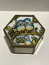 Vintage Stained Glass and Brass Jewelry Trinket Box Love Birds on Lid Mirror 4"