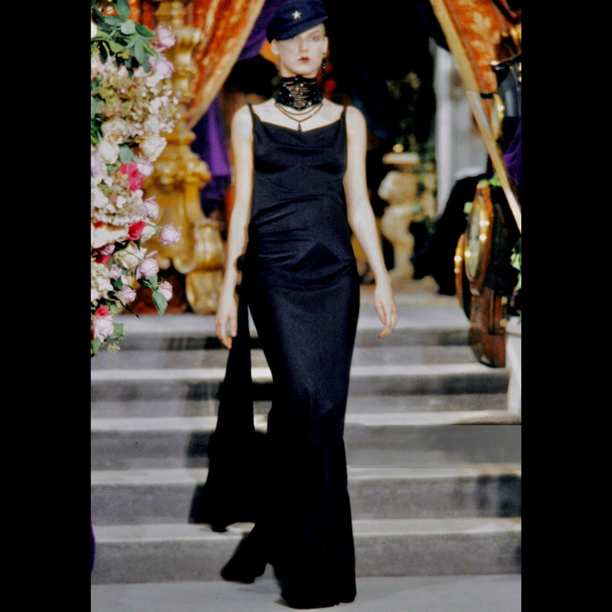 DIOR VINTAGE BLACK SATIN BIAS CUT MAXI DRESS SIZE 42 BY JOHN GALLIANO 1999