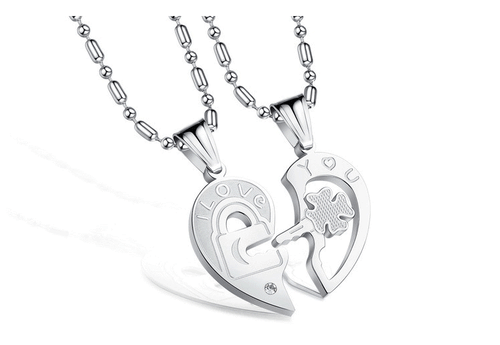 His and Hers Stainless Steel I Love You Heart Lock & Key Couple Pendant Necklace - Picture 9 of 9