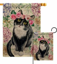 Floral Tuxedo Cat Burlap Garden Flag Animals Small Gift Yard House Banner