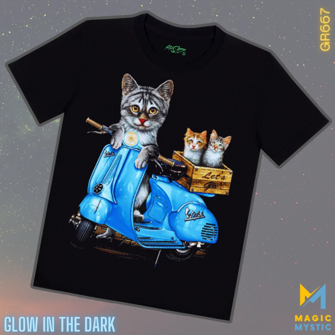 Black T-Shirt Rock Chang Original Cats Scooter Vespa Glow in the Dark Unisex