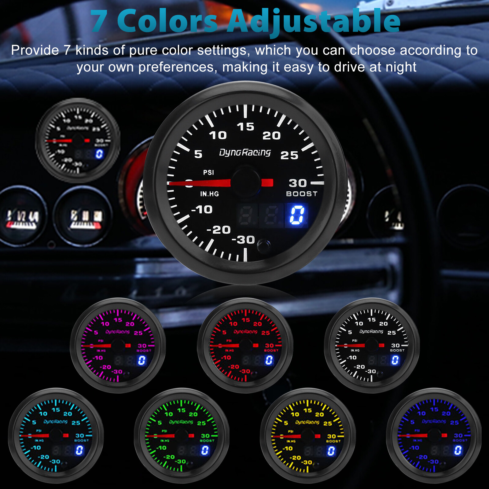 2" 52mm Digital & Pointer 7 Color LED Car Turbo Boost Meter Psi Pressure Gauge