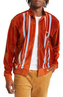 Obey Men's Velour Mock Neck Zip Jacket Provencal Burnt Orange Stripe Size L NWT