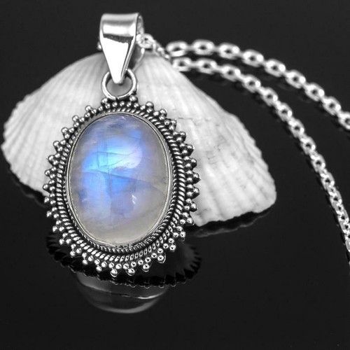 Pendentif Fait Main Argent 925 - Pierre De Lune, Topaze Bleue, Améthyste, Forme Goutte, Naturelles