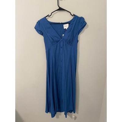 reformation wilda midi dress NWT Reformation Wilda Midi Dress Blue Button Front Cap Sleeve Size 6