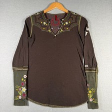 Alp-n-Rock Womens Brown Floral Embroidered Western Lucky U Top Size 2 USA Made