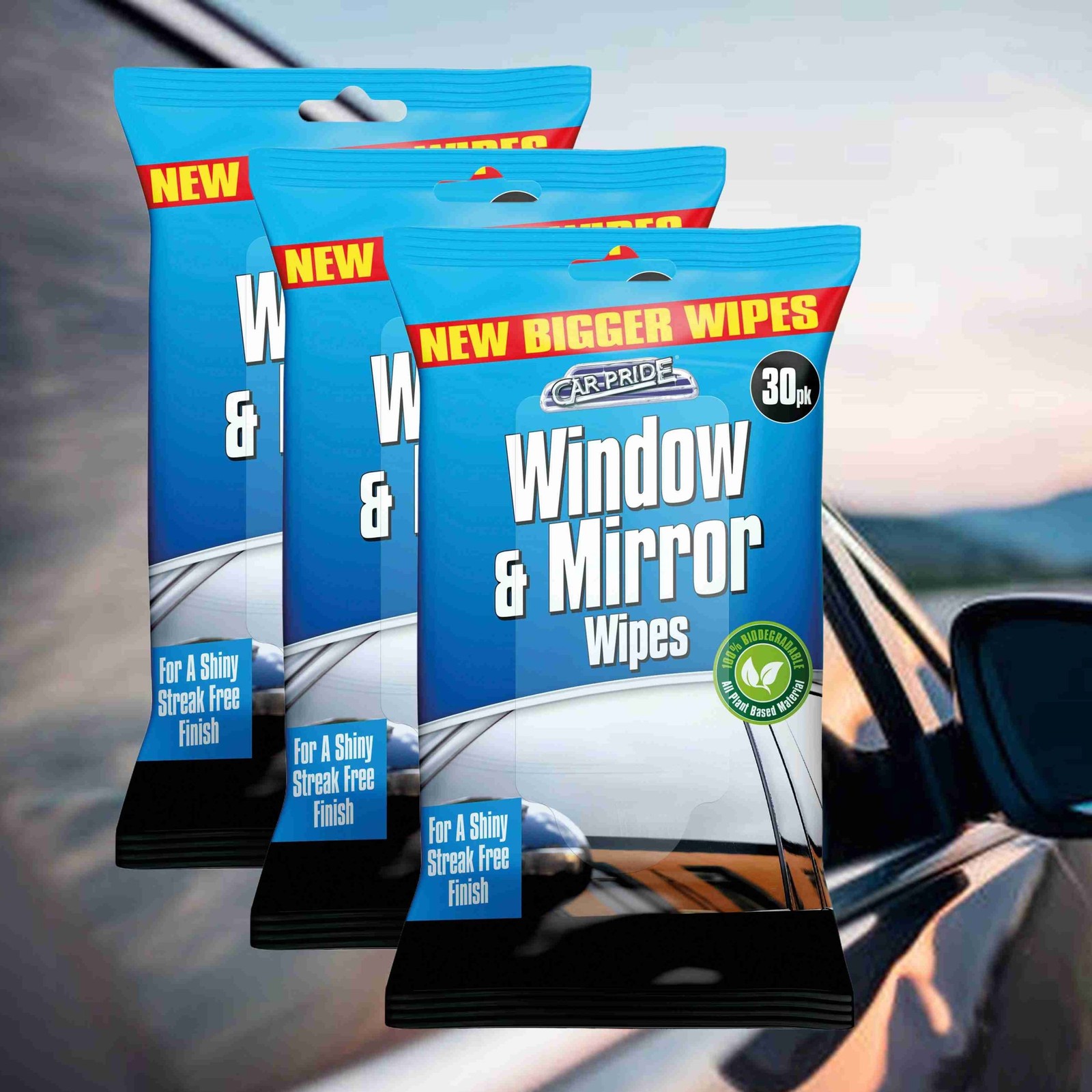 3 Car Window & Mirror Glass Cleaning Wipes Streak Free Clean Shine Wipes 30pk