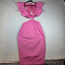 Pink Ruffle Cutout Ring Detail Midi Dress Tie Back Women Size S/M