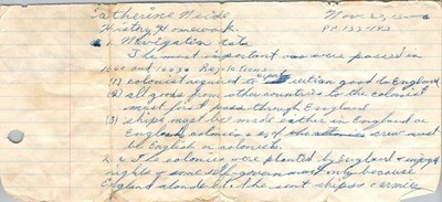 Handwritten History Homework 1956 Navigation Acts Study Catherine Weide 1660s