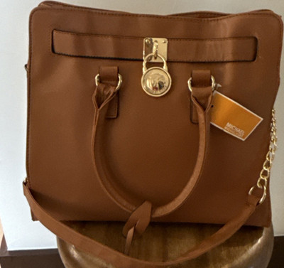 Michael Kors Hamilton Brown Satchel Top Handle Bag Gold-Tone Chain Logo Accent