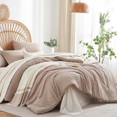 Brown Boho Seersucker Comforter Set King Size,Textured Lightweight Breathable Be