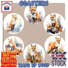 Fox Wooden Coasters Set of 6 Woodland Wildlife Drink Mats Gift