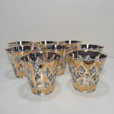 8 Vintage MCM Culver Valencia Flared Lowball 22K Gold Diamond Trellis Glasses