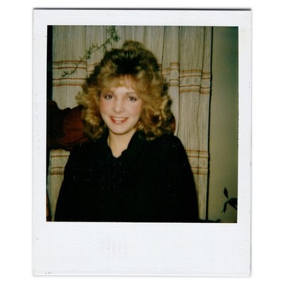 Polaroid Portrait of Soft Focus Big Hair Blonde - Woman Smiling - Vintage Drapes