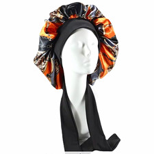 Reversible Satin Hair Bonnet Sleep Cap w/ Long Ties, Black Orange, 30.7 in