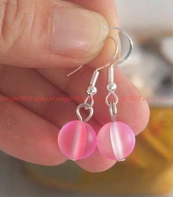 Pretty 10mm Pink Gleamy Rainbow Imitation Moonstone Round Beads Earrings