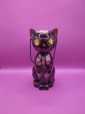 Vintage Inarco Redware Ceramic Drip Cat Lantern Votive w/Yellow Marble Eye