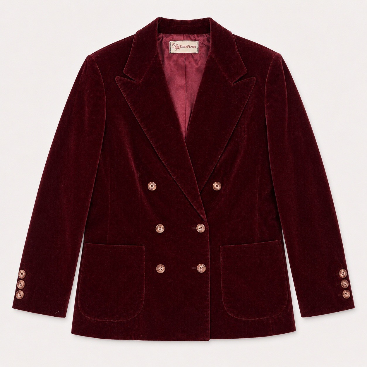Burgundy velvet blazer with covered buttons, laid flat