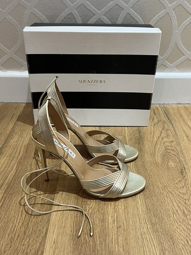 Aquazzura Ari 105 Metallic Leather Sandals Gold Net A Porter Revolve Heels 39.5 - Picture 3 of 12