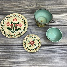 Vtg J Chein Metal Tin Play Kitchen Plates Bowl Pot Red Flowers Green Chickens