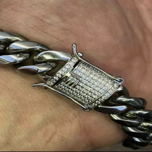 Miami Cuban Bracelet & Chain Set Stainless Steel 14mm Solid Silver CZ Clasp - 第 27/28 張圖片