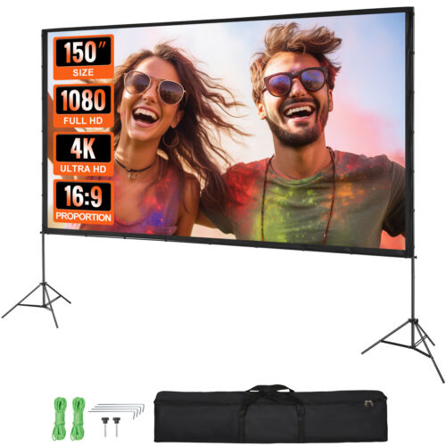 VEVOR Projector Screen with Stand 150 inch 16:9 4K 1080 HD Movie Screen Tripods - Picture 1 of 12
