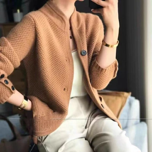 Top de lana de invierno para mujer cárdigan suéter de cachemir manga larga cuello alto suéter - Imagen 21 de 27